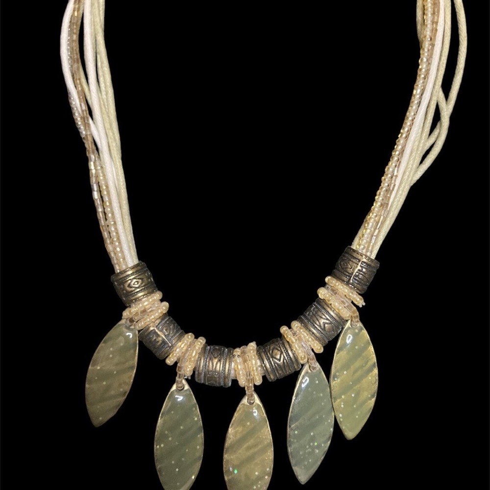 Bohemian Multi Strand Statement Necklace Sage Green Leaf Charms Antique Brass‎